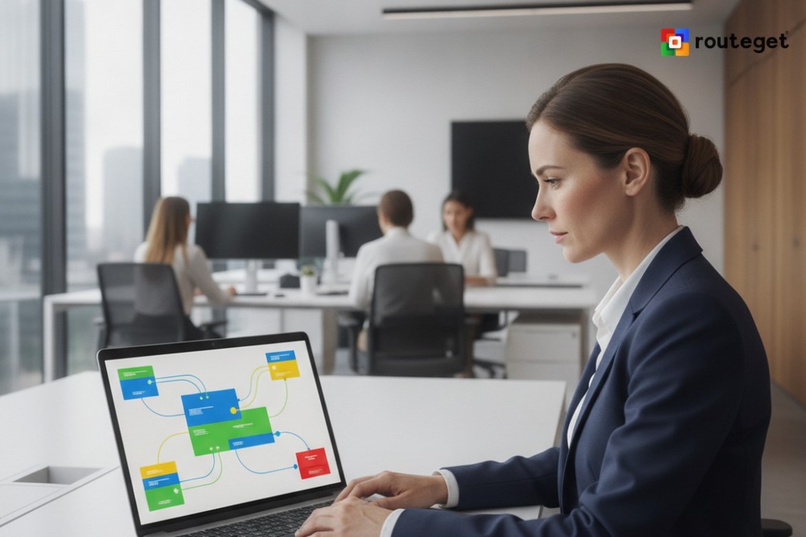 Power Platform Finally Has an Inventory Tool Because Nobody Could Say What Was Running In Their Tenant | Routeget Technologies A business professional building a low-code workflow application on a laptop in an office setting