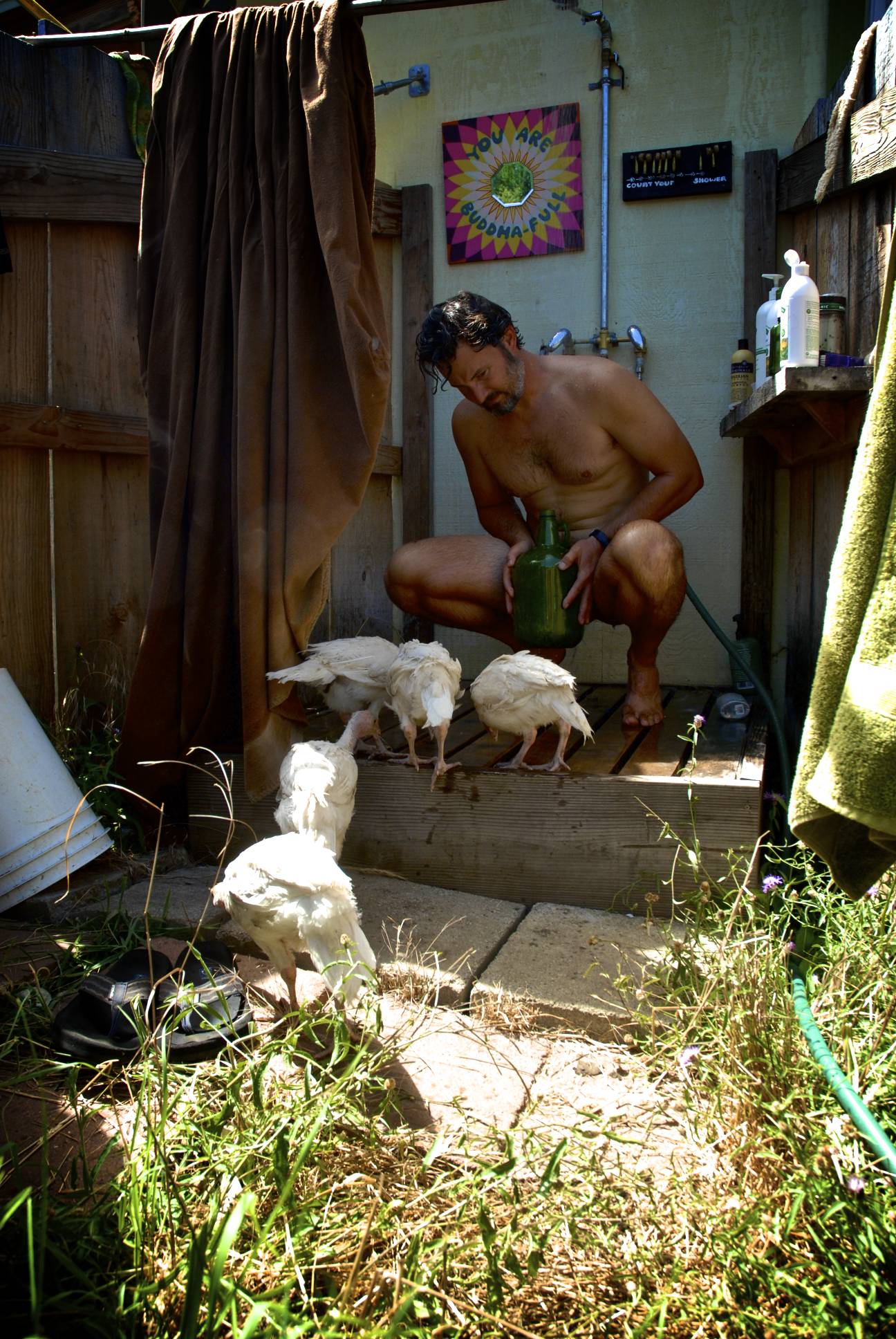 With Val snapping photos, I grabbed an empty bottle for the sake of modesty.