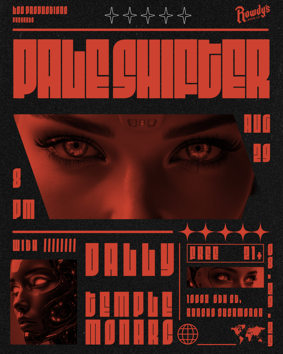 Live music presented by LOC Productions. Pale Shifter, Dally, and Temple Monarc. Friday, August 29th at 8pm. Rowdy's Brew Co. 21+ | Free