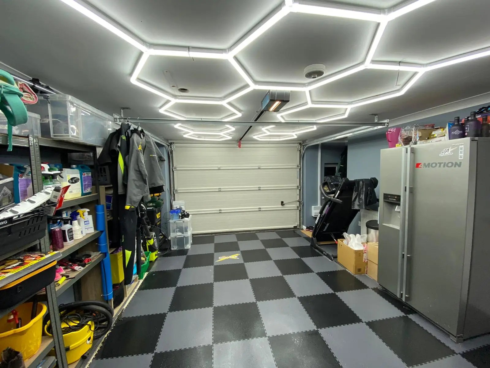 Hexagon ceiling lights in garage