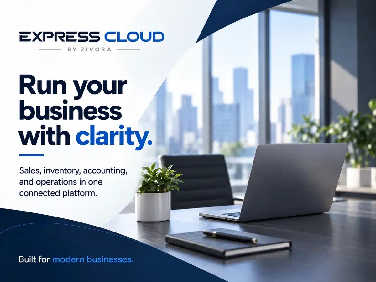 Express Cloud promotional artwork describing connected sales, inventory, accounting and operations.