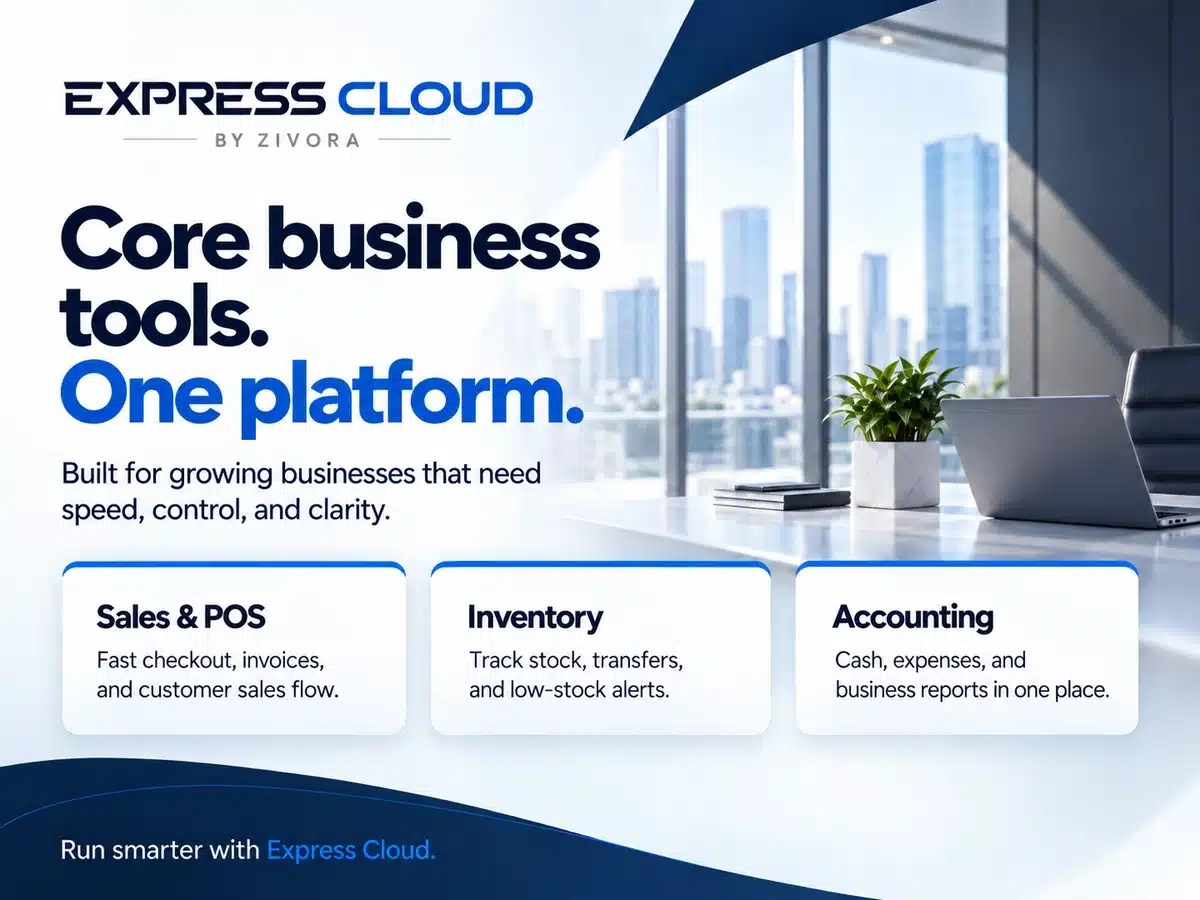 Express Cloud promotional artwork highlighting sales and POS, inventory and accounting.