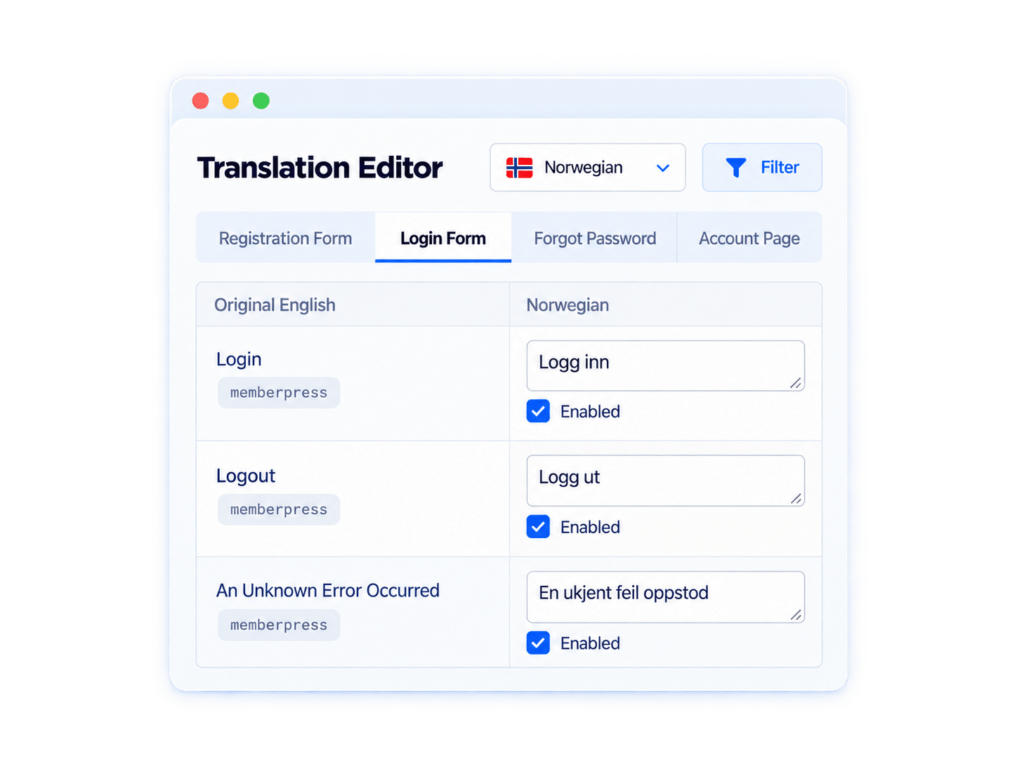 Illustration of the MemberPress translation editor