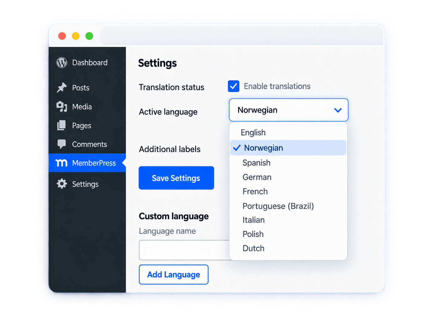 Illustration of the translator language settings