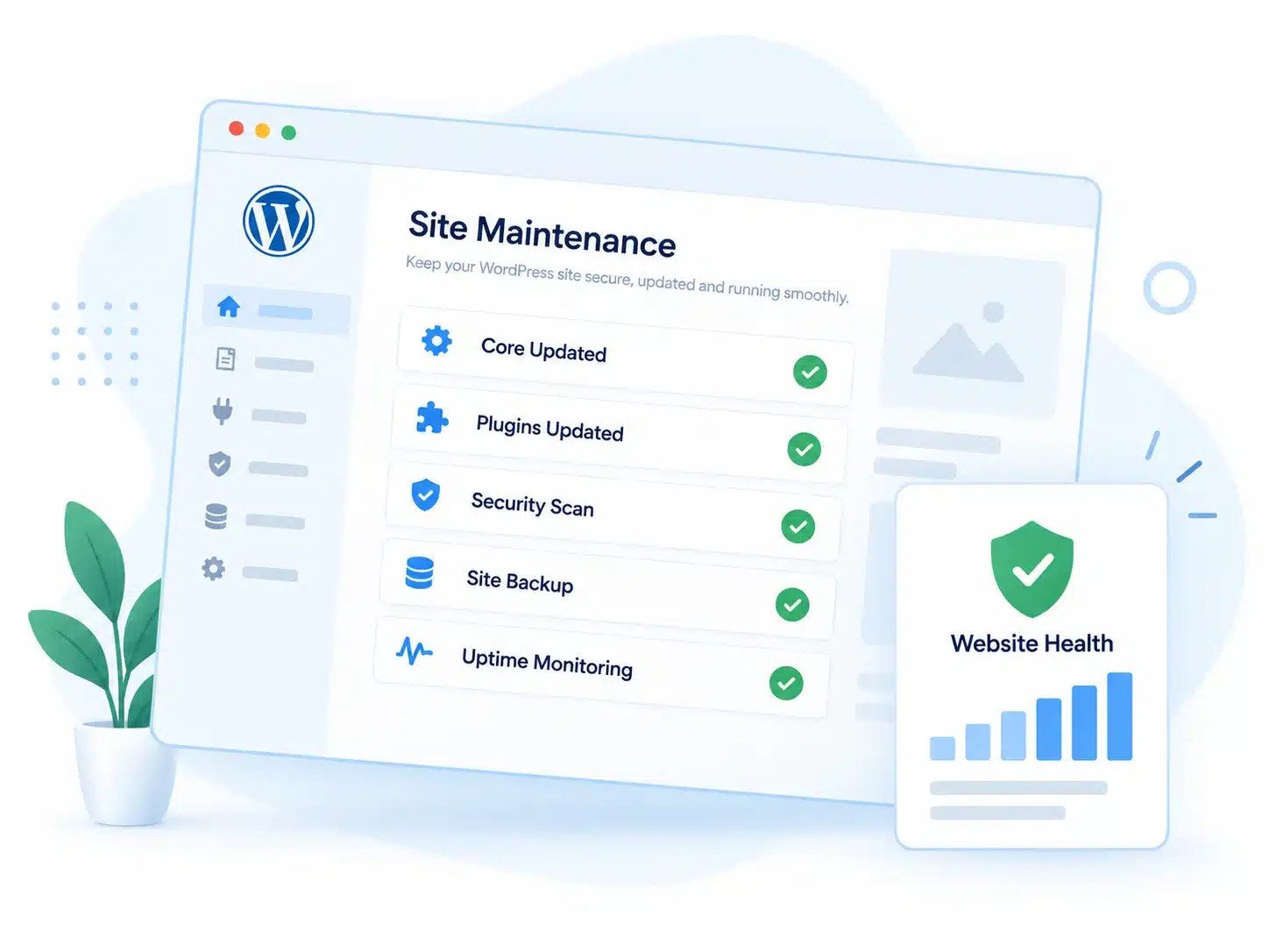 Illustration of WordPress maintenance checks for updates, security, backups and uptime monitoring
