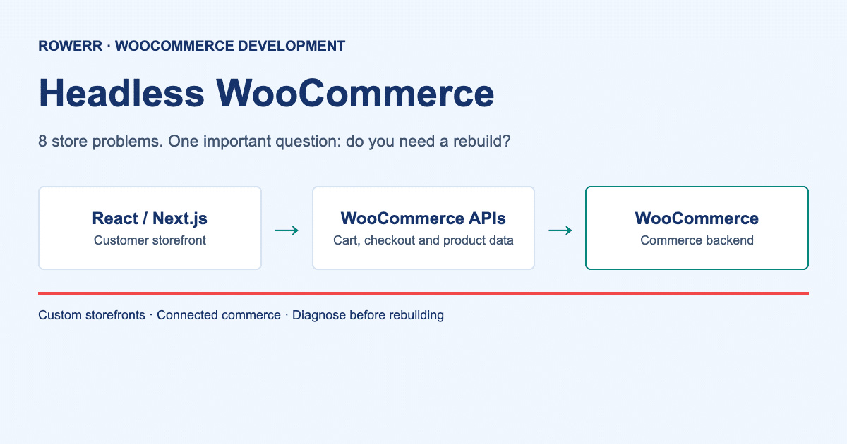 Headless WooCommerce architecture: React or Next.js storefront connected to WooCommerce APIs and backend