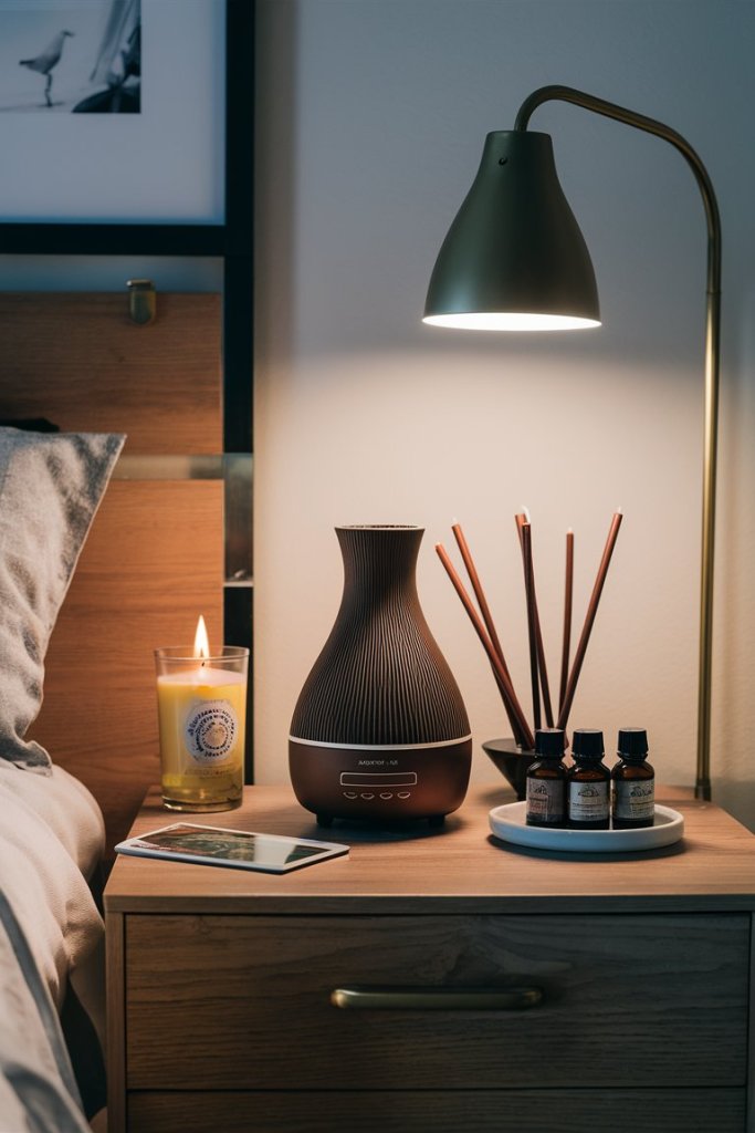 Aromatherapy-focused nightstand with essential oil diffuser, candles, and oils for relaxing bedroom atmosphere