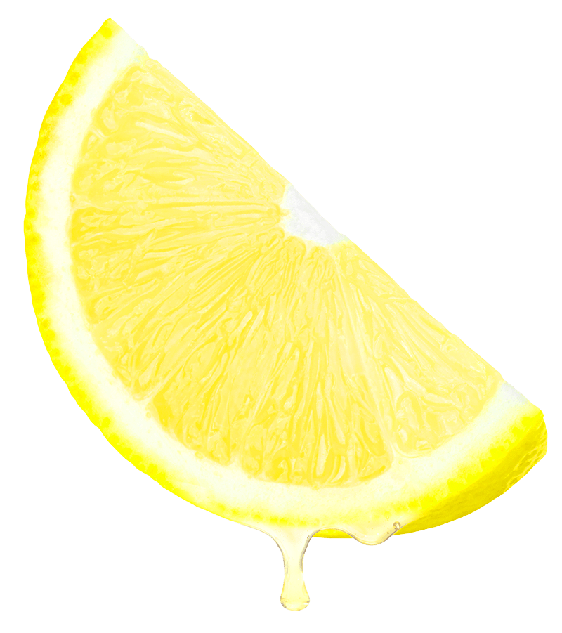 A fresh slice of lemon with a drop of juice falling from it