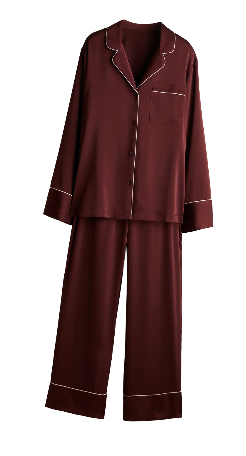 Warm and comfortable pajama top and bottoms in a rich burgundy red