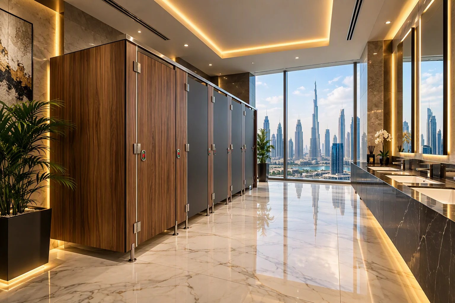 Modern HPL toilet cubicles installed in a commercial washroom in UAE