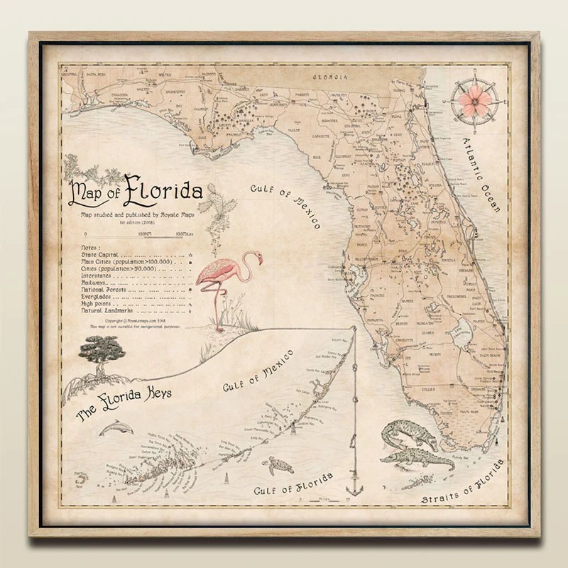 Florida Map Images MIAMI FL City Series Map Art Print Florida Map Oak Framed 