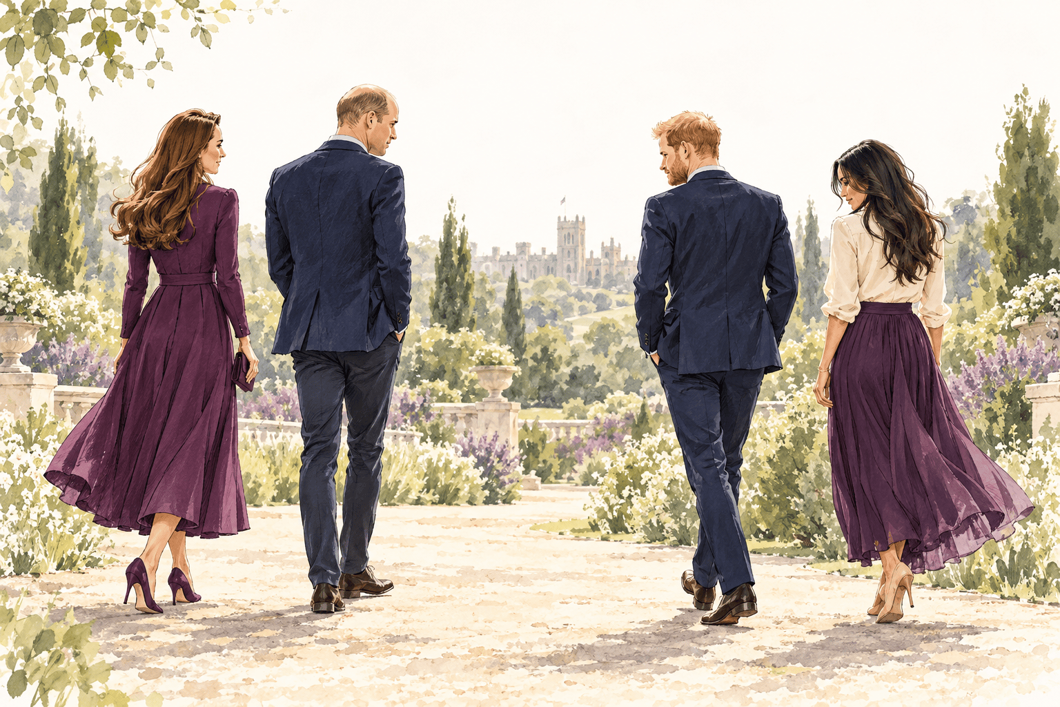 Editorial illustration of Catherine, William, Harry and Meghan seen from behind and in partial profile on a garden path.
