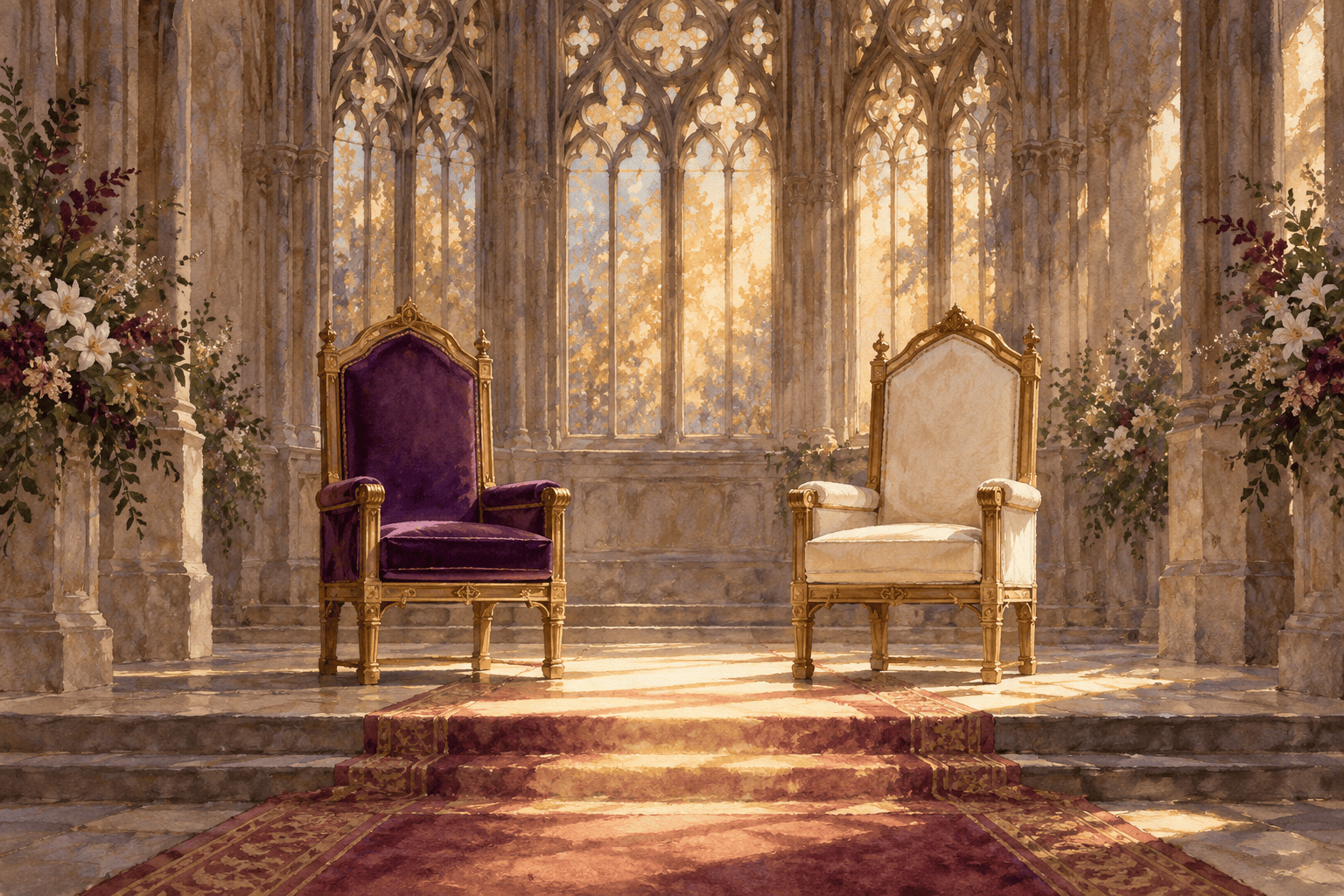 Watercolor illustration of purple and ivory ceremonial chairs beneath Gothic chapel windows