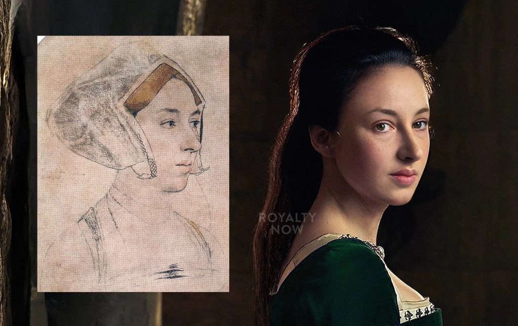 Photorealistic reconstruction of Anne Boleyn based on the Holbein sketch, showing a strong sloped nose and full mouth