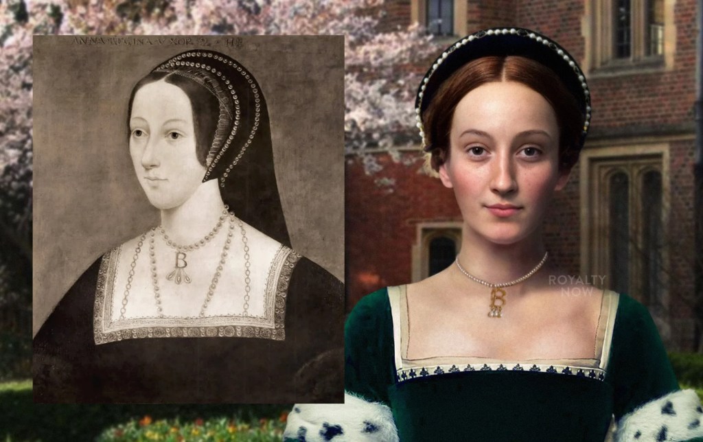 Forward-facing reconstruction of Anne Boleyn from the Lumley portrait, with auburn hair beneath a pearl-edged French hood