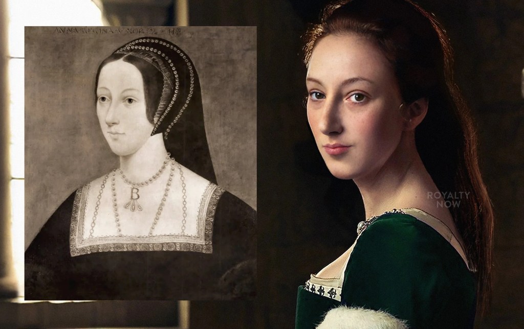 Photorealistic reconstruction of Anne Boleyn from the Lumley portrait, shown in three-quarter view with dark eyes and auburn hair