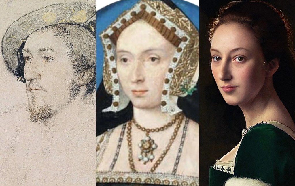 Three faces compared side by side — a sketch of George Boleyn, a miniature thought to show Mary Boleyn, and a reconstruction of Anne Boleyn