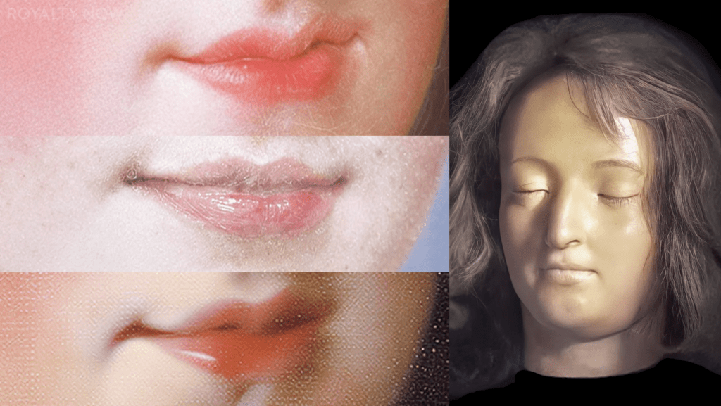 Comparison of Marie Antoinette's mouth in her death mask and in painted portraits, where the lips appear fuller and more pinched