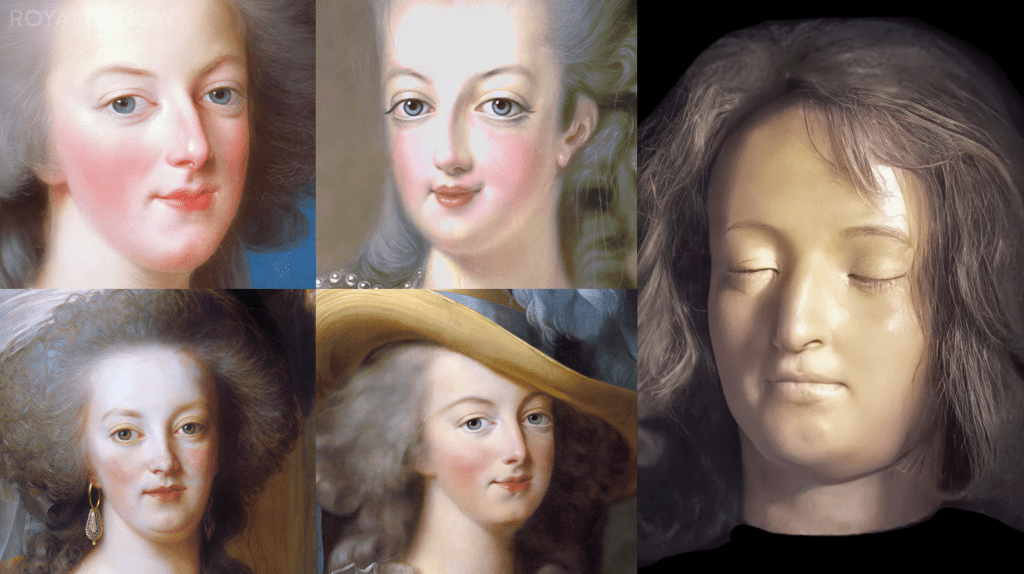 Comparison of Marie Antoinette's eyes in her death mask and in painted portraits, where they appear noticeably larger