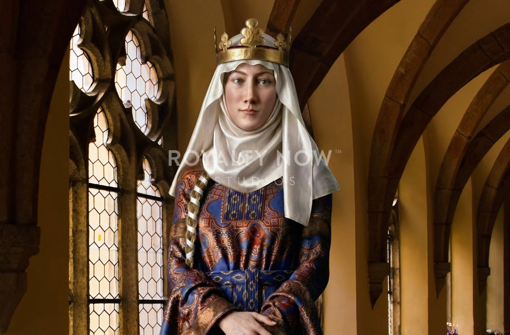 Photorealistic recreation of Eleanor of Aquitaine in a red bliaut gown, veil, and crown