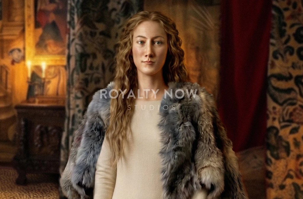 Photorealistic recreation of Eleanor of Aquitaine in a fur cloak and linen shift with her hair unbraided