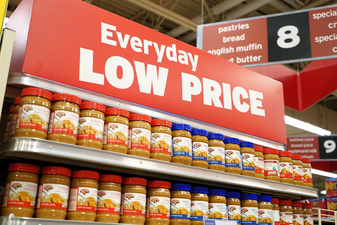 Private label peanut butter on the shelves at Hannaford Supermarket.