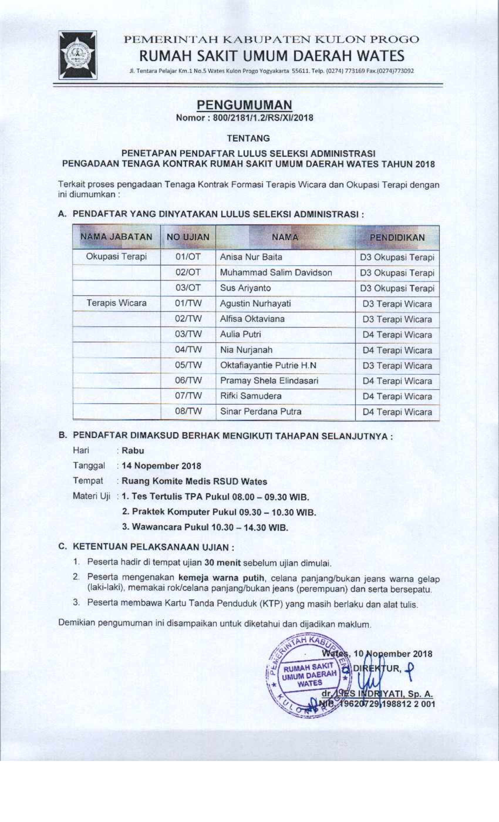RSUD - PENGUMUMAN HASIL SELEKSI ADMINISTRASI TENAGA KONTRAK RSUD WATES