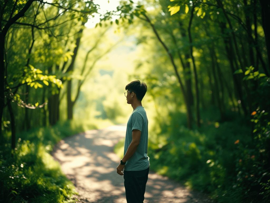 Man standing on sunlit forest path surrounded by green trees