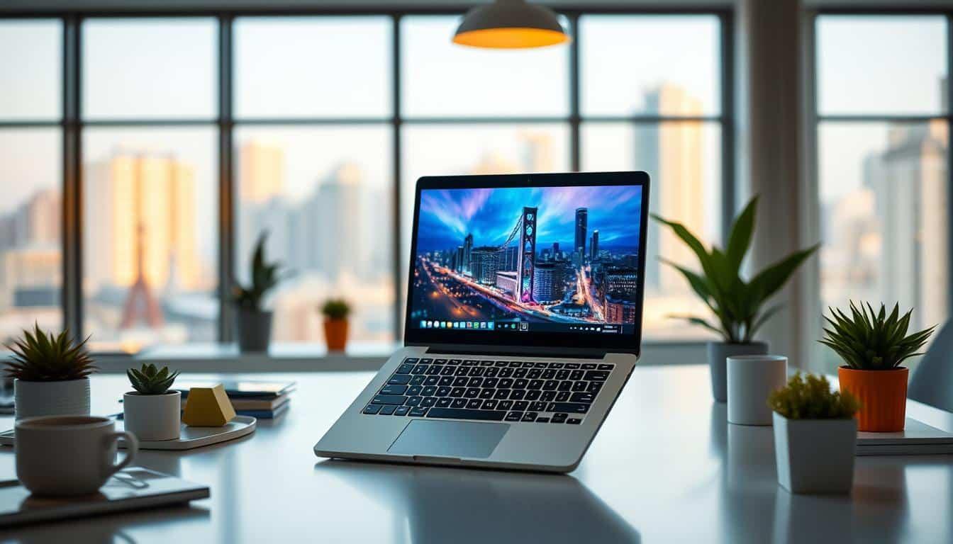 Laptop with city skyline wallpaper on office desk