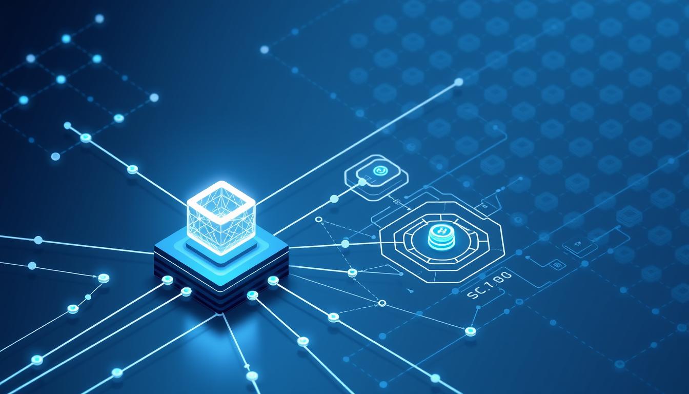 A futuristic, isometric view of a blockchain network, rendered in a sleek, minimalist style. The foreground features a central blockchain hub, with interconnected nodes and geometric data structures. The middle ground showcases intricate smart contract diagrams, with lines and shapes representing the flow of secure transactions. In the background, a grid-like landscape of decentralized servers and distributed ledgers, bathed in a soft, blue-hued lighting that conveys a sense of digital trust and transparency. The overall scene exudes a polished, tech-forward aesthetic, highlighting the foundational principles of blockchain technology.