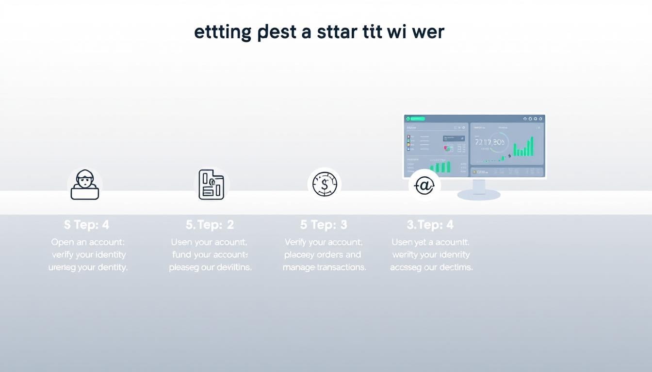 Prompt A detailed illustration of the steps to get started with cryptocurrency exchanges, depicted in a clean, minimalist style. In the foreground, a series of five distinct steps, each represented by an icon and a concise description, guiding the viewer through the process of opening an account, verifying identity, funding the account, placing orders, and managing transactions. The middle ground features a sleek, modern exchange interface with intuitive controls and data visualizations. The background showcases a serene, neutral-toned environment, creating a sense of focus and clarity. The overall composition emphasizes simplicity, functionality, and a approachable user experience, reflecting the needs of cryptocurrency beginners.