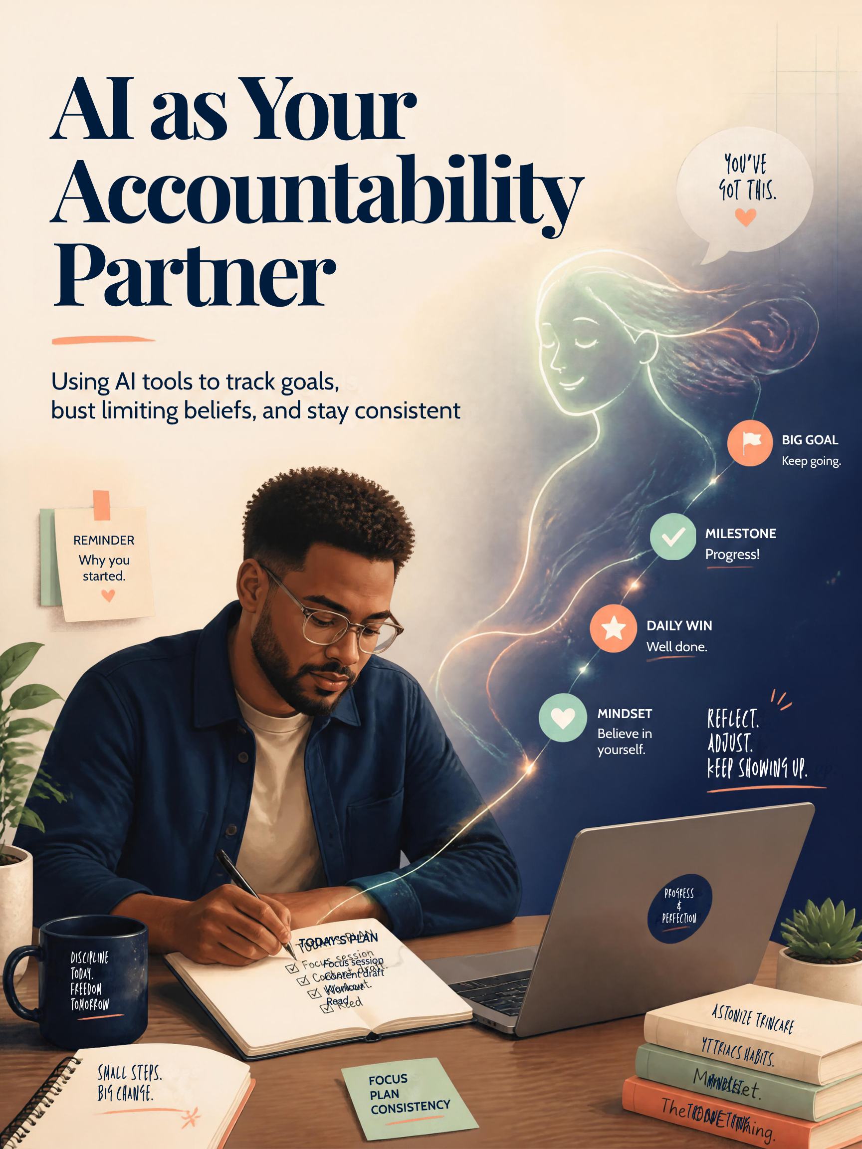 AI as Your Accountability Partner: use AI to track goals, challenge limiting beliefs, and stay consistent