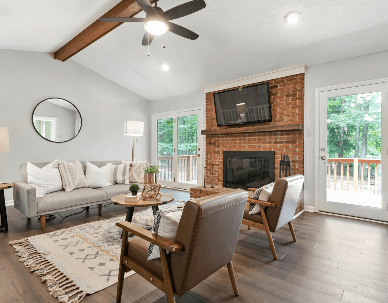 New Jersey living room remodel with updated design and appliances. Masonry work on the chimney.