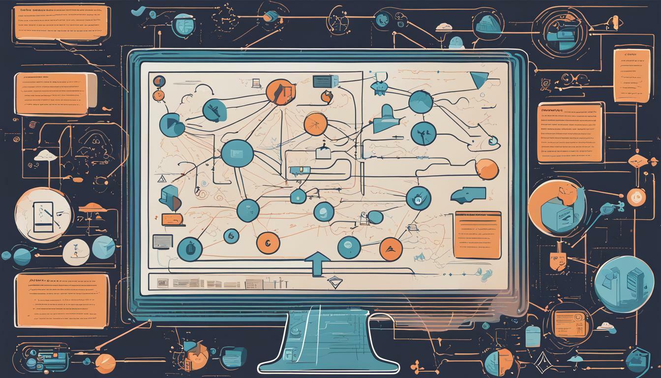showcases a detailed and complex network or flowchart on a computer screen. It highlights the intricacies of modern digital systems, data analysis, or software development.