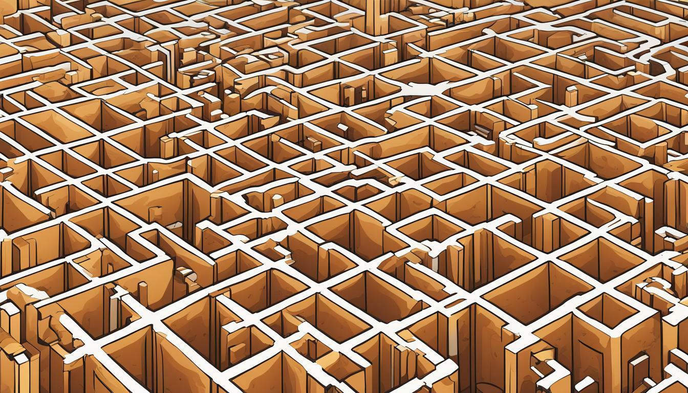 An intricate 3D labyrinth formed by tall wooden walls, creating a maze-like pattern with paths and dead ends.