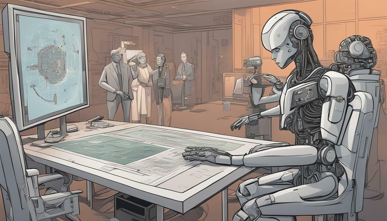 An atmospheric illustration showcasing a room with advanced technology, where human figures discuss a large holographic display of a complex structure. To the right, a humanoid robot with intricate detailing operates a workstation, signifying the blend of human and machine collaboration.