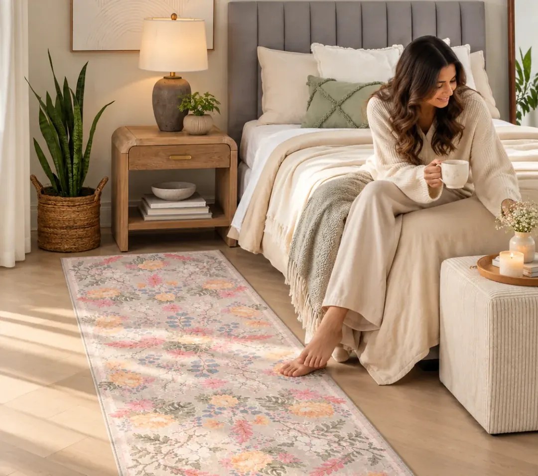 Woman relaxing on a bed with a cup of tea beside a soft pastel floral runner rug on a wood floor