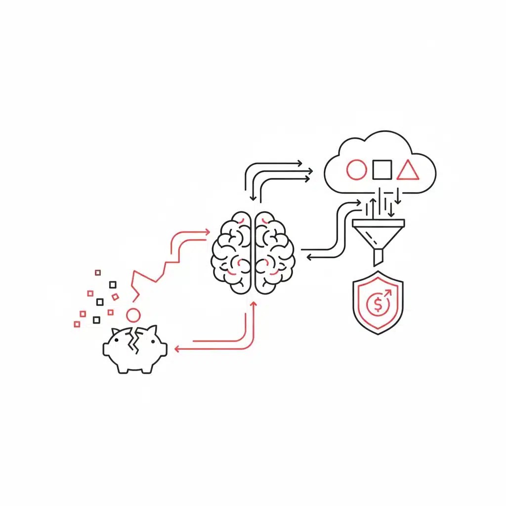 A minimalist line art illustration on a white background using black and red accents. On the left, a broken piggy bank with scattered red squares symbolizes financial loss and fragmented data. Red arrows lead to a central human brain icon, representing strategic analysis. On the right, various shapes (circle, square, triangle) flow into a funnel, emerging as organized data that feeds into a shield icon containing a dollar sign and an upward-trending arrow, symbolizing audit-ready compliance and financial ROI.