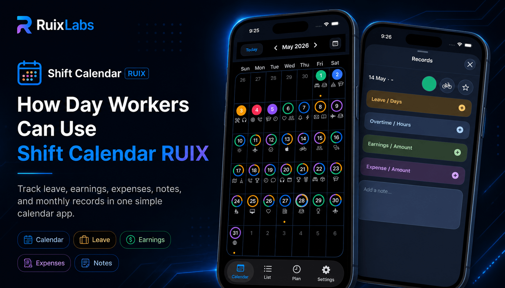 Shift Calendar RUIX app showing calendar, records, leave, earnings, expenses, notes, and monthly summary features for day workers.