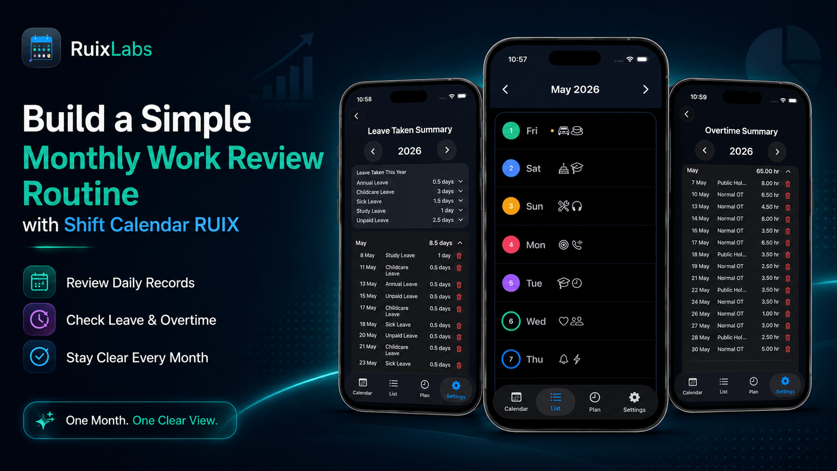 Shift Calendar RUIX app showing list records, leave taken summary, and overtime summary for a simple monthly work review routine.