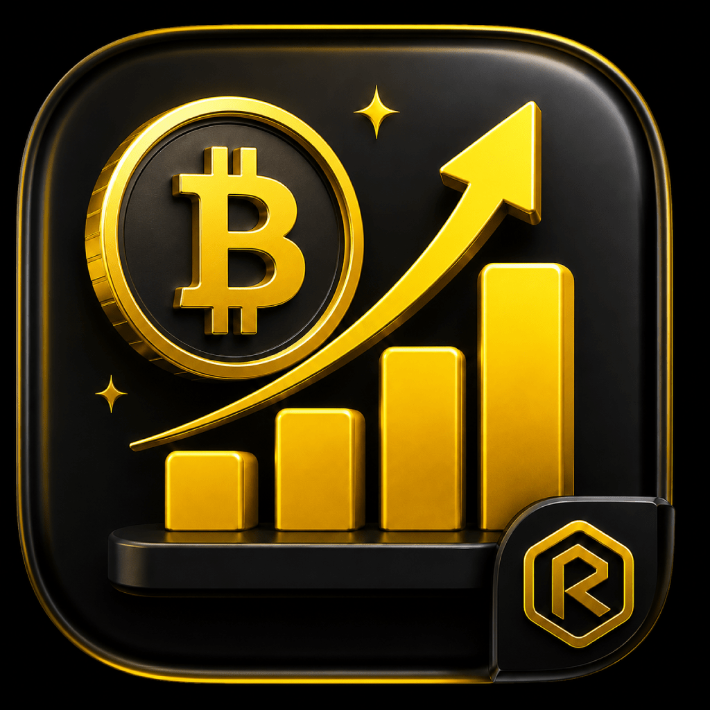 Crypto Ranking RUIX app icon featuring a Bitcoin symbol, rising arrow, and ranking chart