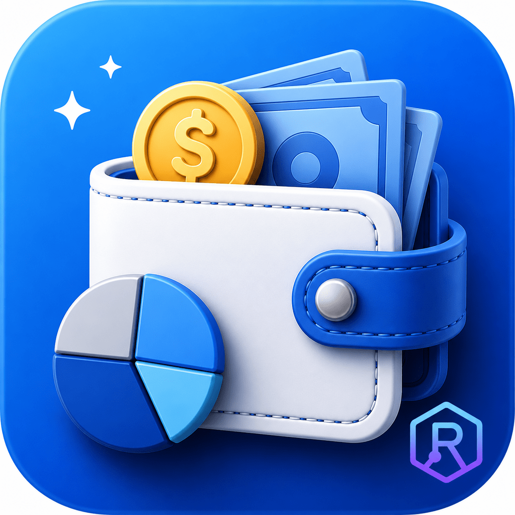 FinTrack RUIX app icon featuring a 3D wallet, money, gold coin, and financial chart