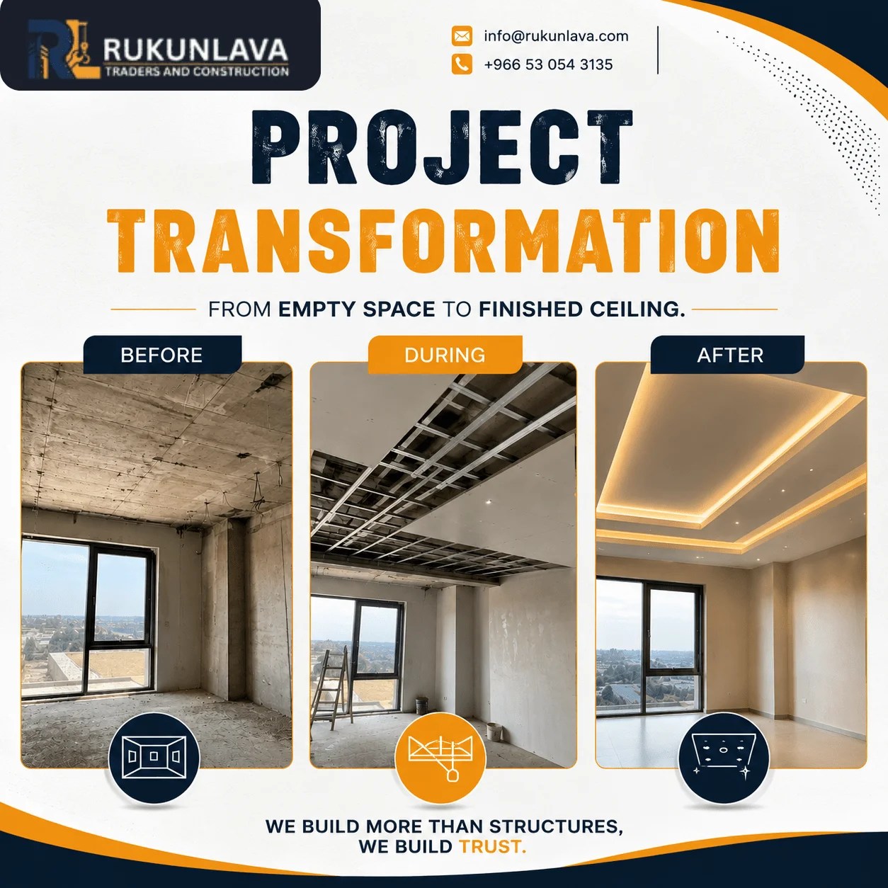 Professional gypsum board ceiling installation and finishing by Rukunlava in Saudi Arabia