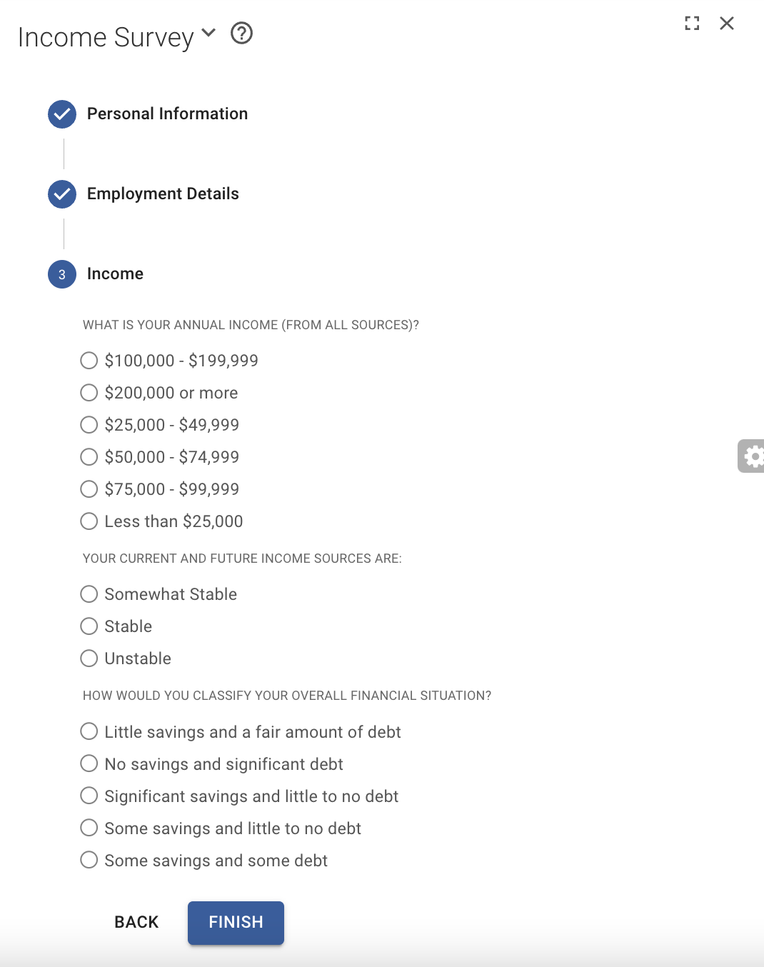 Income Survey Form (Vertical Stepper)