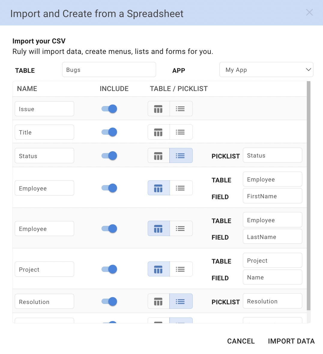 Importing Spreadsheets Prompt