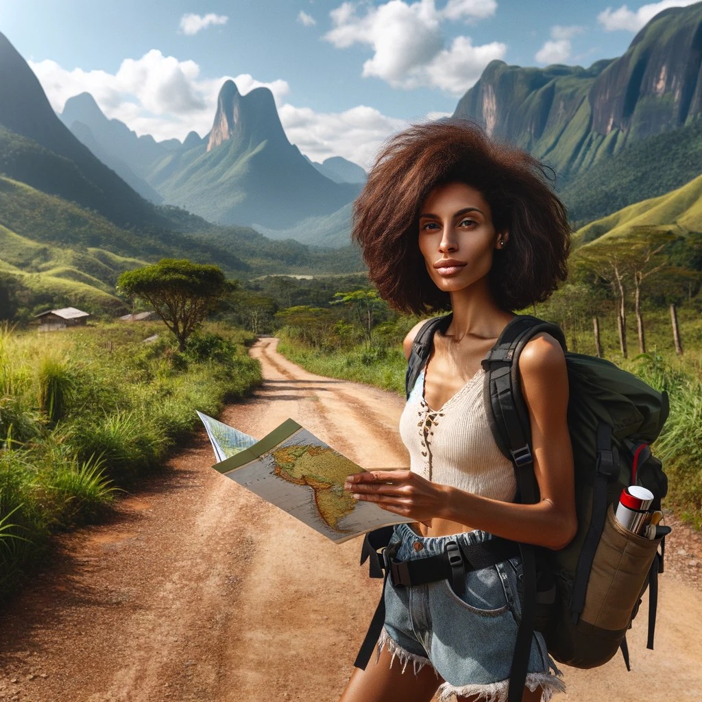 uma mulher afro-brasileira em um cenário montanhoso. Esta versão também evoca uma sensação de aventura e liberdade