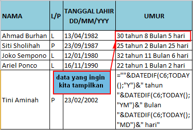 tabel berisi rumus menghitung umur dengan cepat