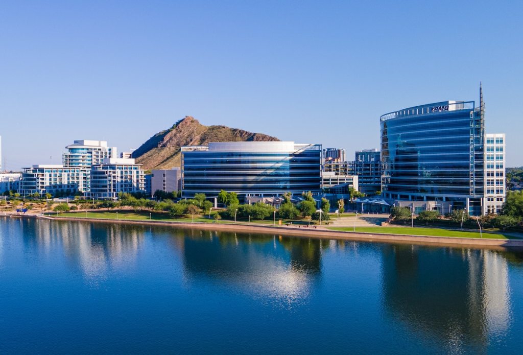 Downtown Tempe skyline from across Tempe Town Lake on a sunny day