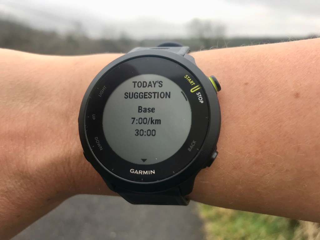 The suggested workout screen on the Garmin Forerunner 55.