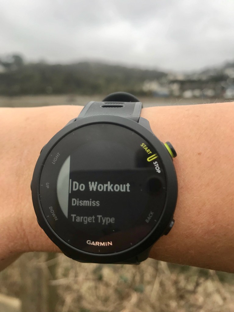 The screen to select or dismiss the suggested workout on the Garmin Forerunner 55.